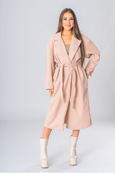 Belted long coat with classic beige collar