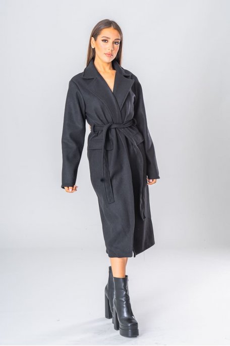 Manteau long col classique ceinturé à poches noir