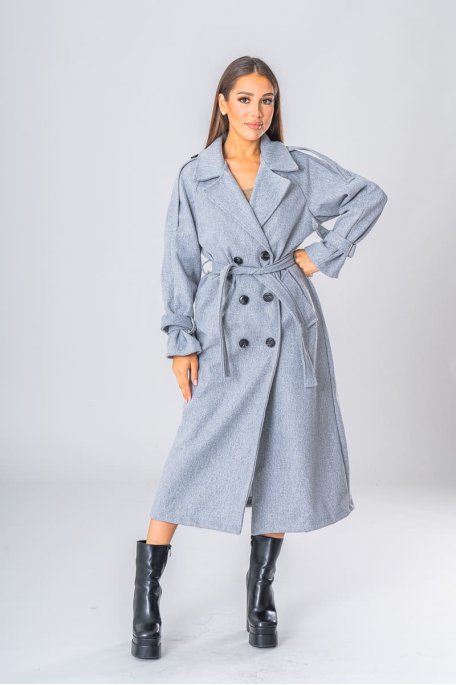 Manteau long ceinturé à bouton gris