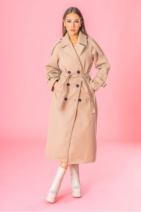 Manteau long ceinturé à bouton beige