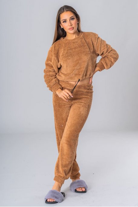 Brown round neck sweater and fluffy pants set