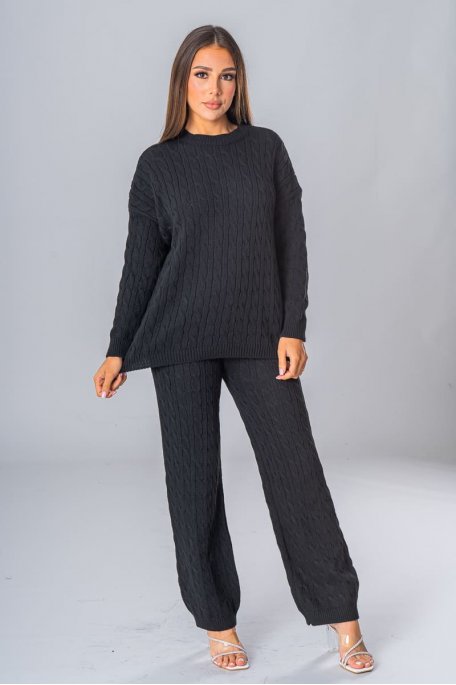 Black braided knit sweater and pants set