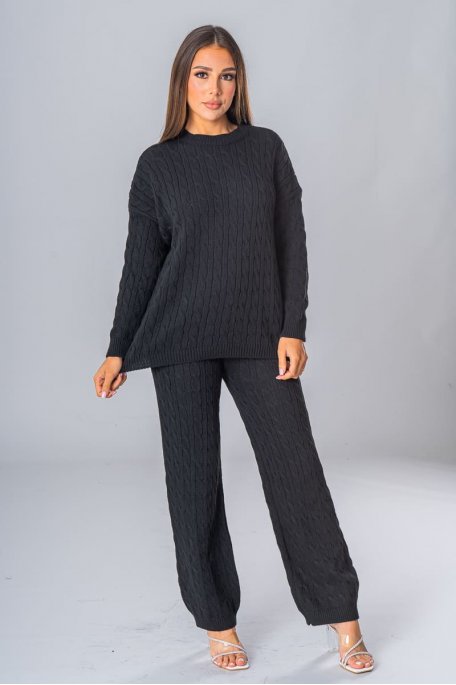 Ensemble pull et pantalon en maille tressé noir