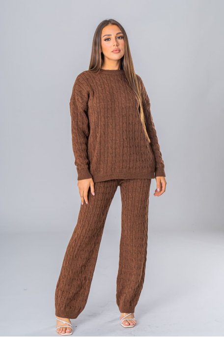 Brown braided knit sweater and pants set