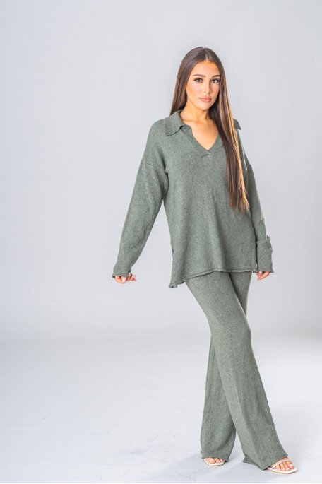 Ensemble pull col polo et pantalon kaki