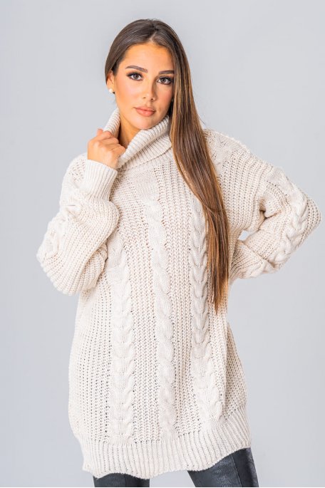 Pull long col roulé grosse maille beige