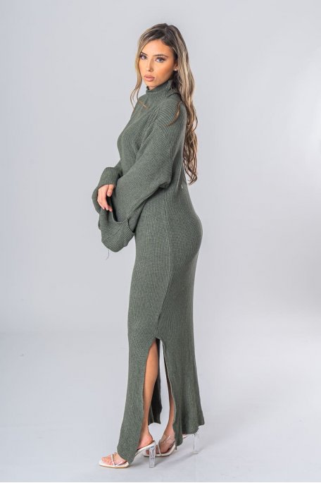 Pulloverkleid Stehkragen Ärmel hochgekrempelt khaki