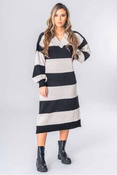 Beige striped v-neck dress