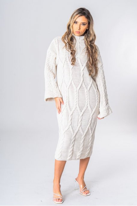 Robe pull longue manches retroussées beige