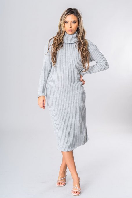 Long sweater dress turtleneck knit gray