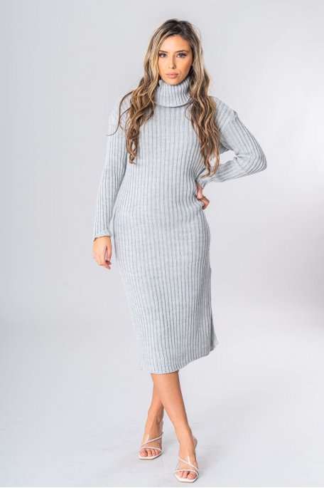 Pulloverkleid lang mit Rollkragen aus grauer Maschenware