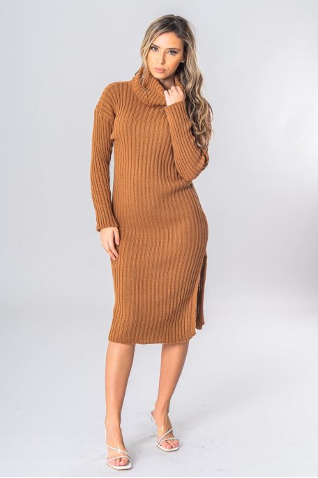 Brown knitted long turtleneck sweater dress