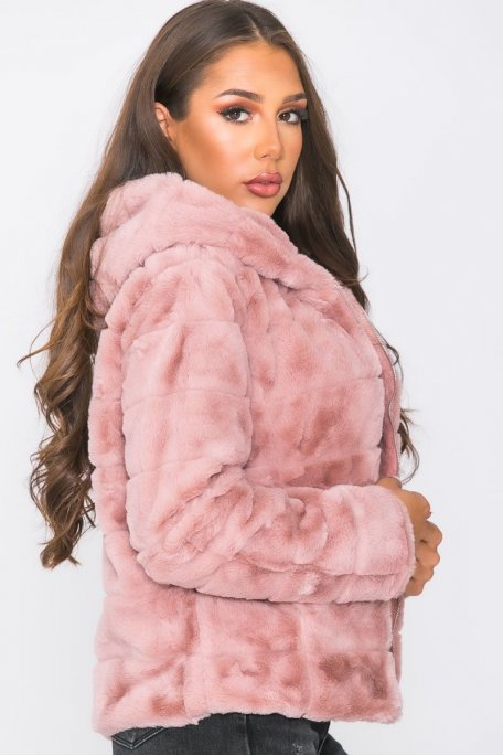 Fake fur jacket with pink hood