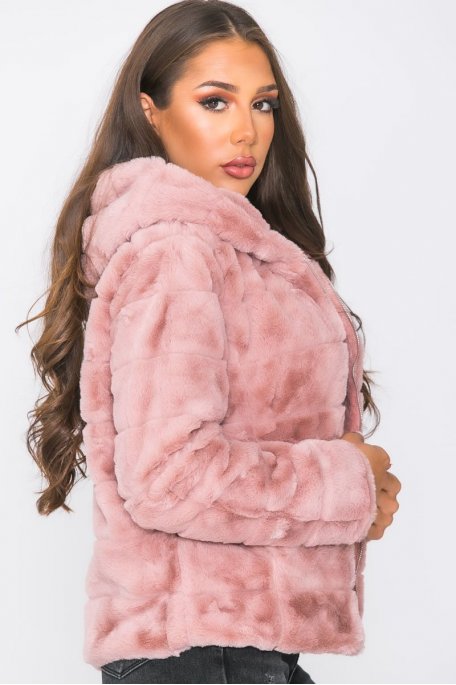 Veste fausse fourrure à capuche rose