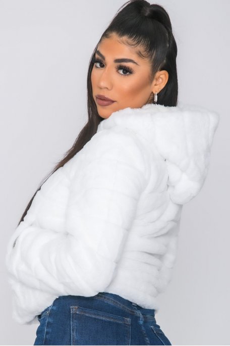 Fake fur jacket with white hood