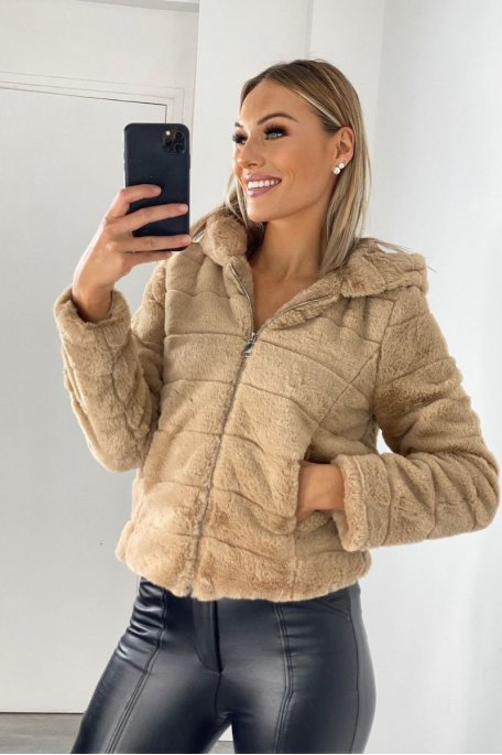 Kunstpelzjacke mit Kapuze camel