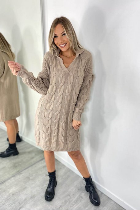Robe maille motif tressé col revers taupe