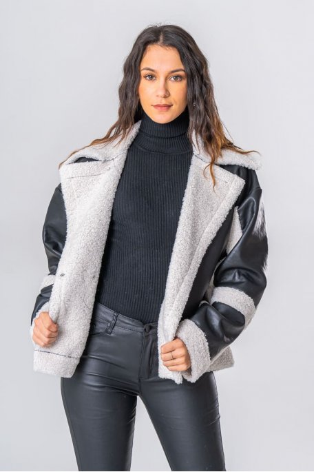 Faux leather coat with black sheepskin effect lining
