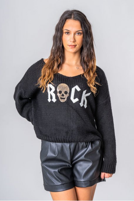 Oversize-Pullover aus zwei Materialien "Rock" schwarz