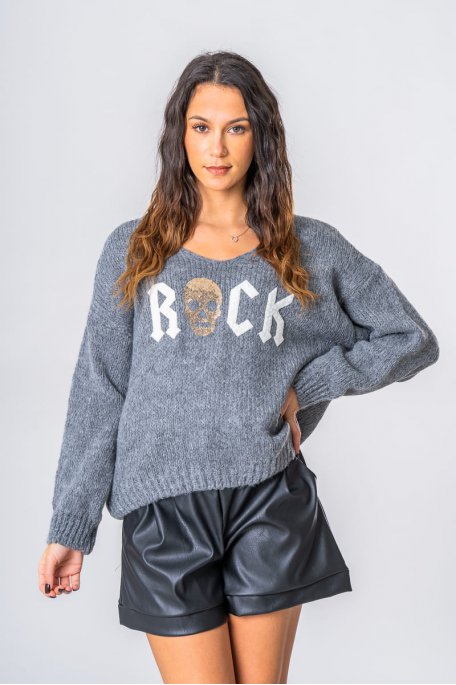 Oversize-Pullover aus zwei Materialien "Rock" grau