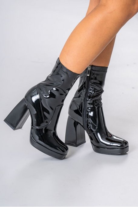 Black vinyl square toe heels