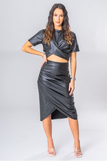 Black vegan leather crop top skirt set