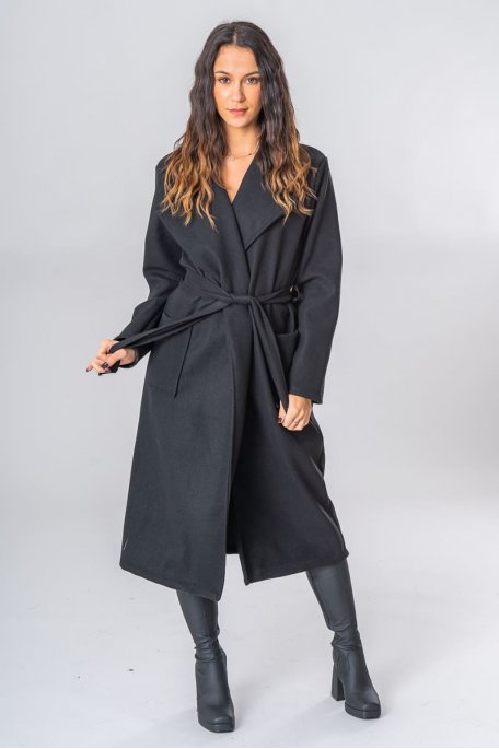 Long coat with classic belted collar in black