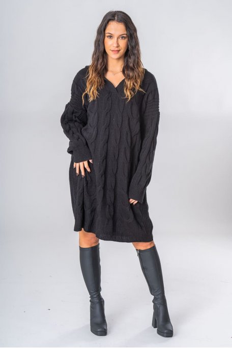 Dress knitted braided pattern black lapel collar