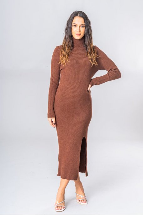 Brown turtleneck slit maxi dress