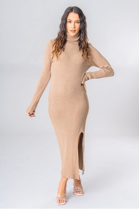Beige long dress with slit turtleneck