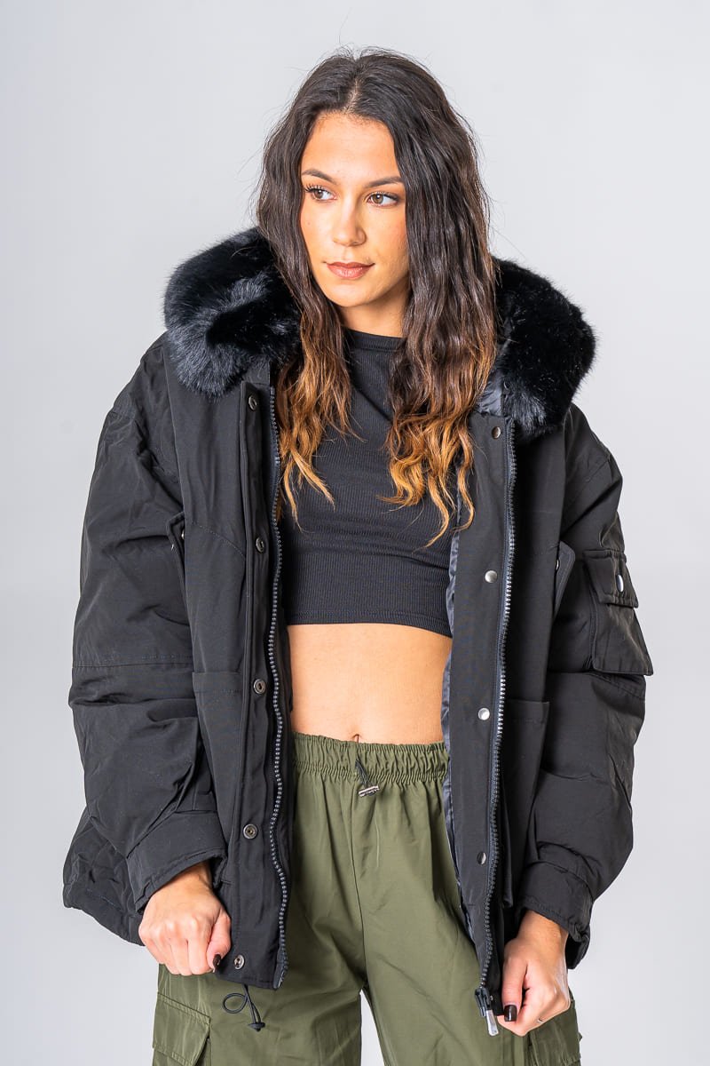 Black oversized hooded jacket Cinelle Paris fashionable women