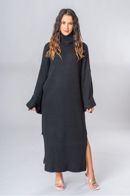 Dress knitted sweater sleeves rolled up turtleneck black