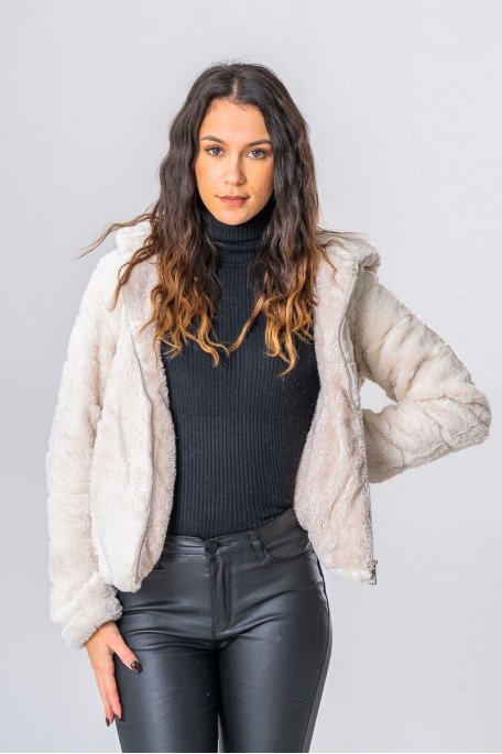 Beige faux fur hooded jacket