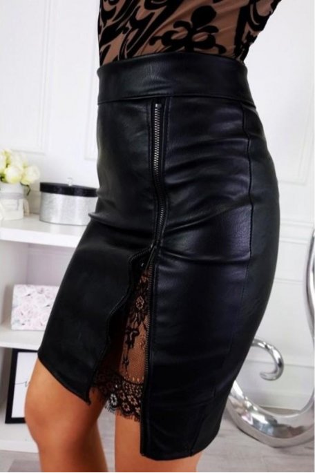 Jupe en cuir vegan dentelle à zip noir - Cinelle Paris, mode femme tendance