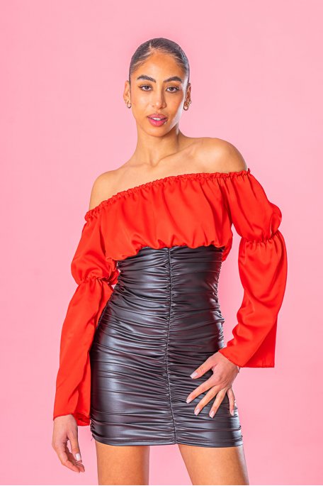 Red leatherette strapless dress