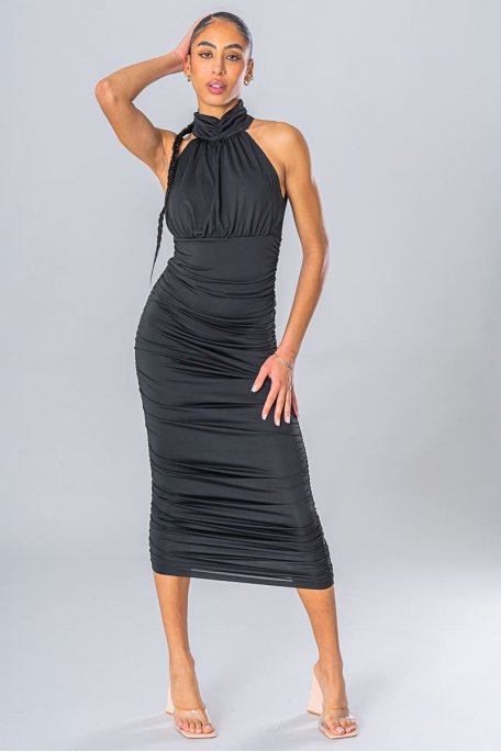 Gathered mid-length sleeveless dress black