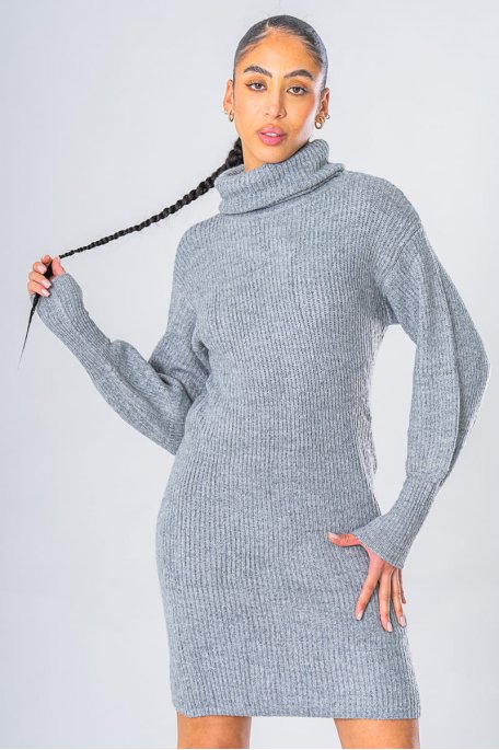 Short sweater dress with turtleneck and puffed sleeve in gray