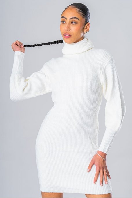 Short turtleneck sweater dress with white puffed sleeve