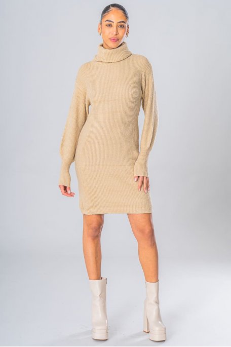 short sweater dress turtleneck puffed sleeve beige