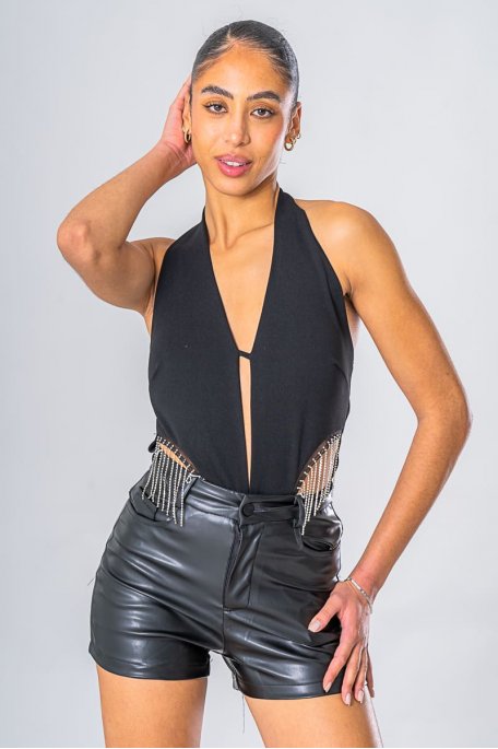 Body décolleté plongeant strass noir