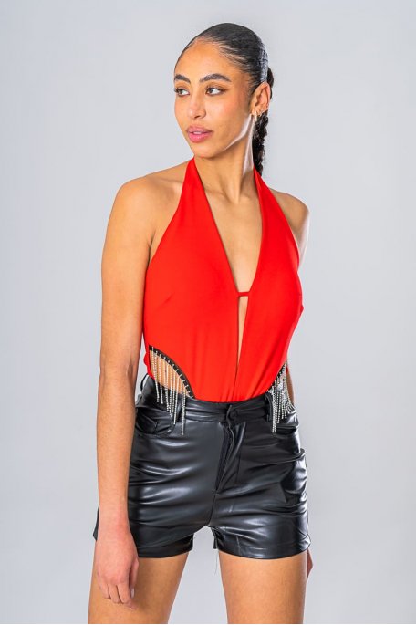 Red rhinestone plunging bodysuit