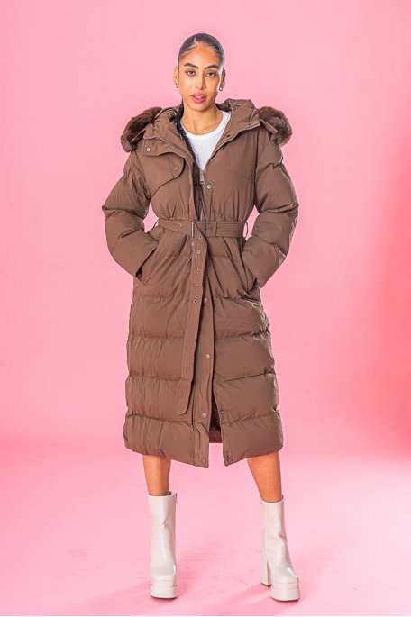 Brown long belted faux fur jacket