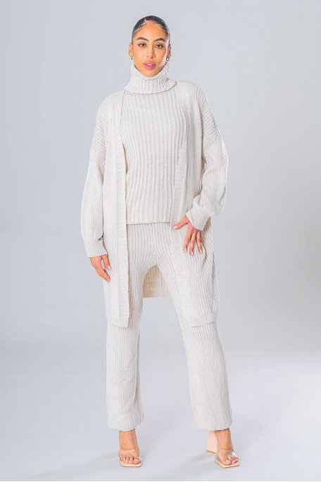 Beige knit sweater pants and vest set