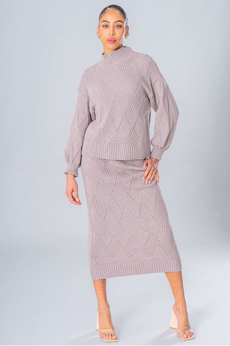 Set high neck sweater and long skirt taupe