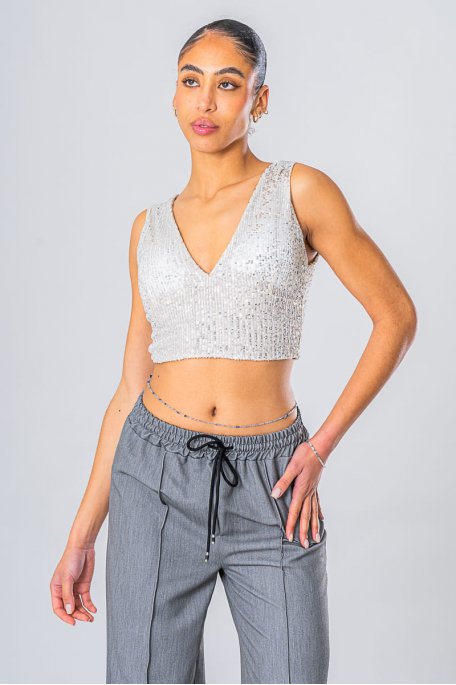 V-neck crop top with beige sequins