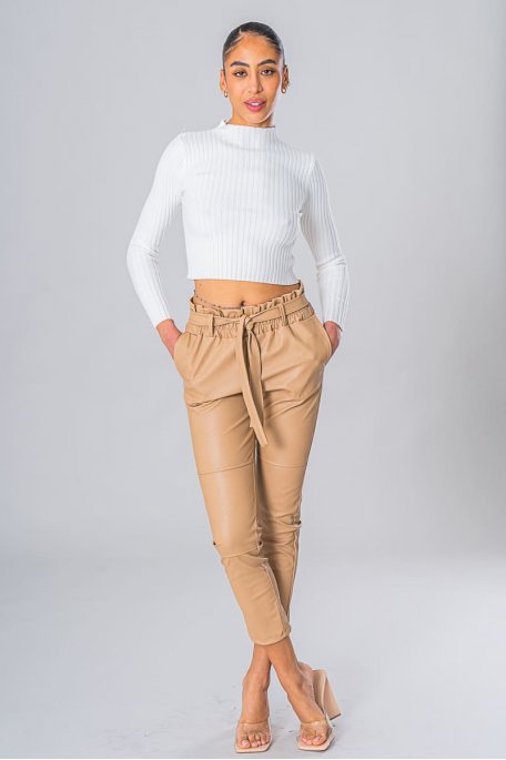 Camel straight leatherette pants with belt