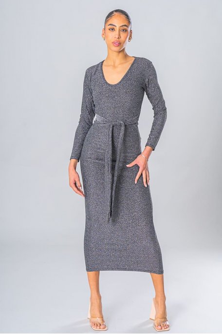 Robe longue pailletée ceinturée gris