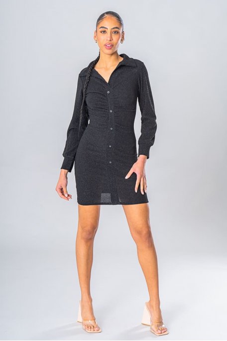 Robe chemise courte pailletée effet drapé noir
