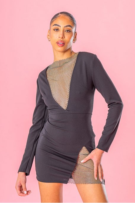 Short dress with black rhinestone neckline