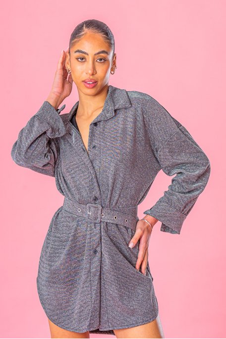Sequined grey belted shirt dress